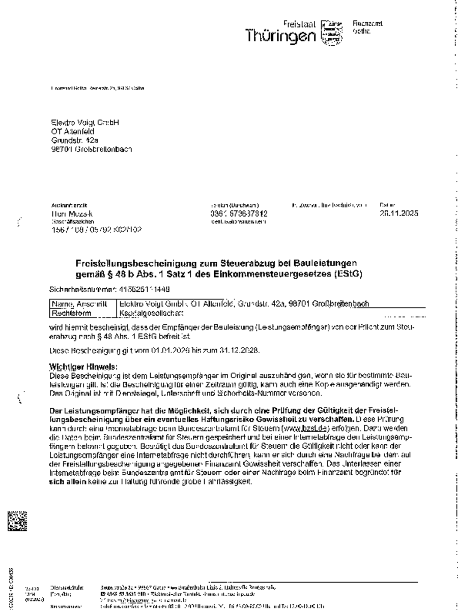 Freistellungs- bescheinigung bei Elektro Voigt GmbH in Großbreitenbach OT Altenfeld