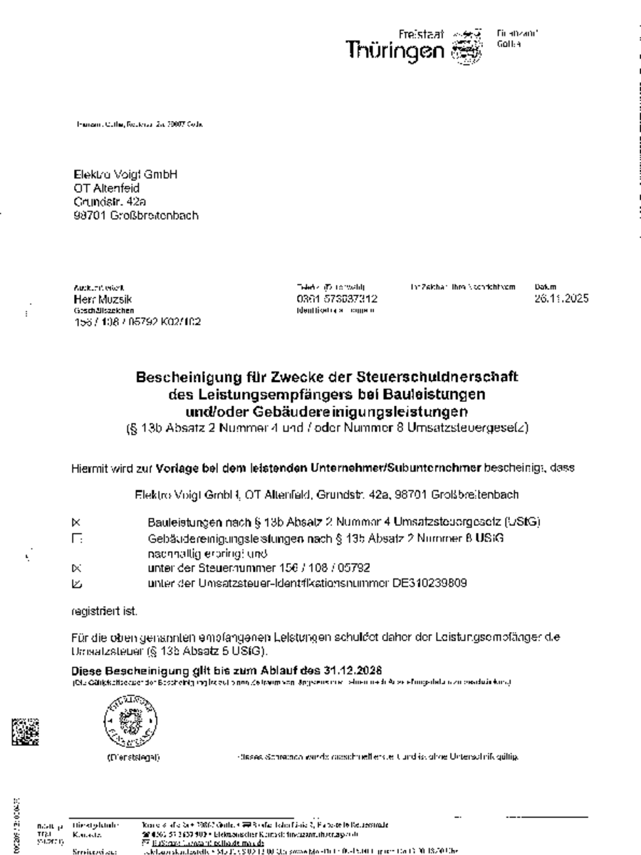 Nachweis zur Steuerschuldnerschaft bei Elektro Voigt GmbH in Großbreitenbach OT Altenfeld