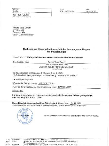 Nachweis zur Steuerschuldnerschaft bei Elektro Voigt GmbH in Großbreitenbach OT Altenfeld